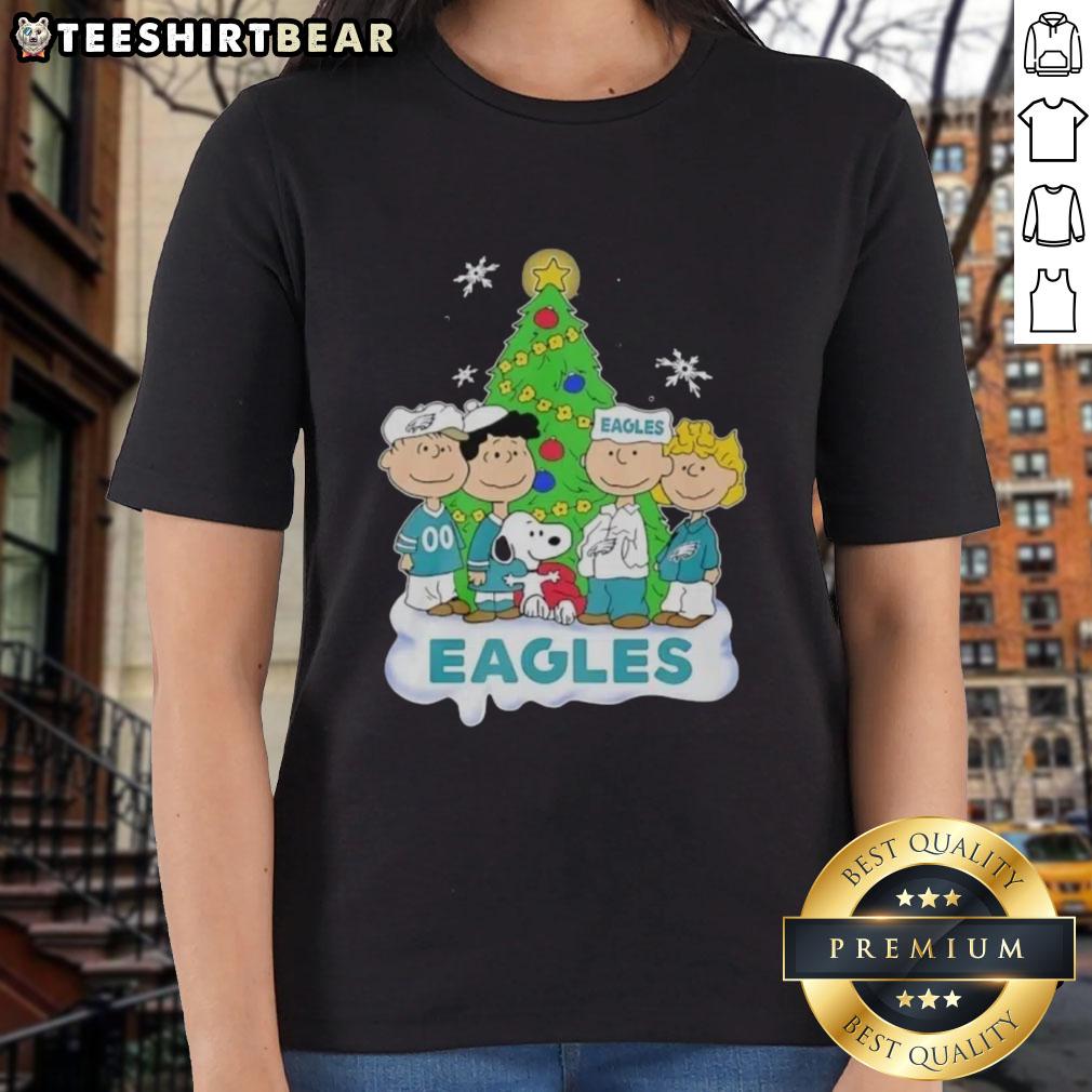 Premium Peanuts Characters X Philadelphia Eagles Chrismas Ladies Tee Alt Text: Premium Peanuts Characters X Philadelphia Eagles Christmas Ladies Tee featuring festive design for football fans.