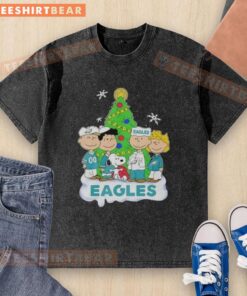 Premium Peanuts Characters X Philadelphia Eagles Christmas Washed T-Shirt featuring festive designs for fans.