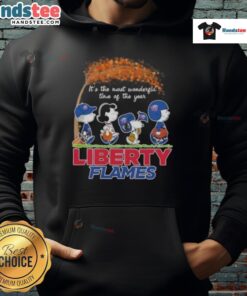 Alt Text: Premium Peanuts Snoopy and Friends hoodie featuring festive Liberty Flames design for the holiday season.