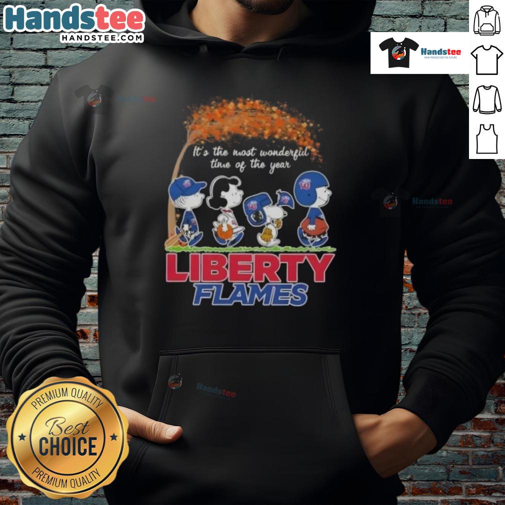 premium-peanuts-snoopy-and-friends-its-the-most-wonderful-time-of-the-year-liberty-flames-hoodie Alt Text: Premium Peanuts Snoopy and Friends hoodie featuring festive Liberty Flames design for the holiday season.