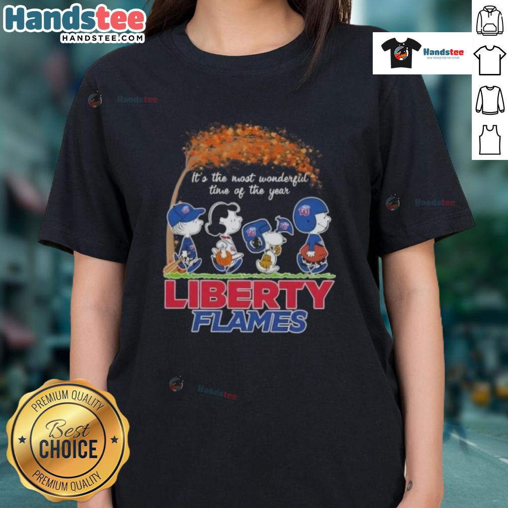 premium-peanuts-snoopy-and-friends-its-the-most-wonderful-time-of-the-year-liberty-flames-ladies-tee Alt Text: Premium Peanuts Snoopy and Friends tee featuring It's The Most Wonderful Time Of The Year design for ladies.