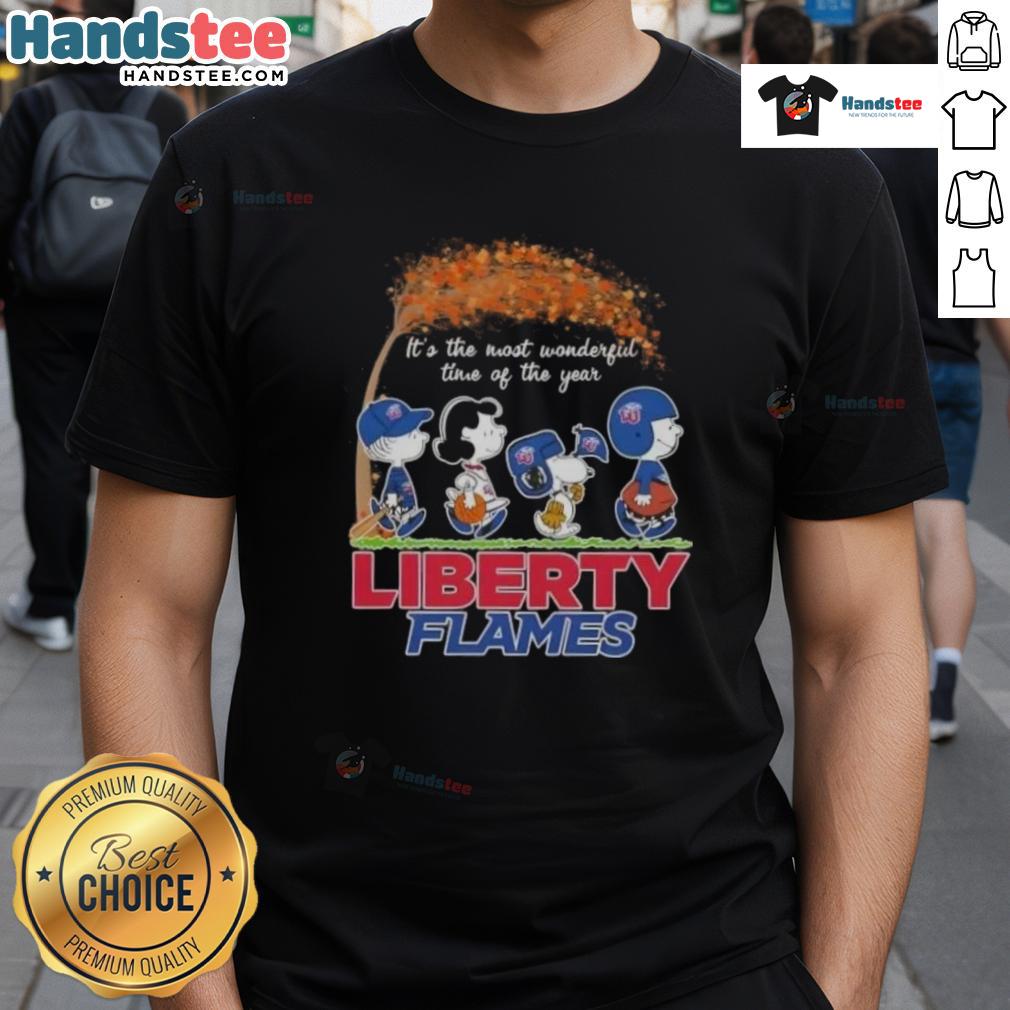 premium-peanuts-snoopy-and-friends-its-the-most-wonderful-time-of-the-year-liberty-flames-t-shirt-1 Alt Text: Premium Peanuts Snoopy and Friends t-shirt featuring Liberty Flames design for the holiday season, Its The Most Wonderful Time.