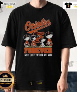 Premium Peanuts X Baltimore Orioles t-shirt featuring 'Forever Not Just When We Win' slogan in vibrant colors.