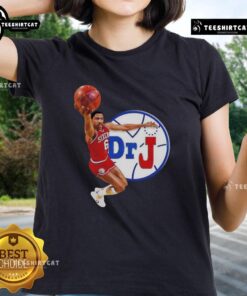 Alt Text: Premium Philadelphia 76ers Dr. J Dunk Ladies Tee featuring classic team colors and stylish design for female fans.