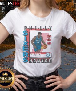 Premium Philadelphia 76ers trading card featuring Joel Embiid on a stylish ladies tee design.