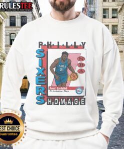 Premium Philadelphia 76ers trading card sweatshirt featuring Joel Embiid, perfect for basketball fans and collectors.