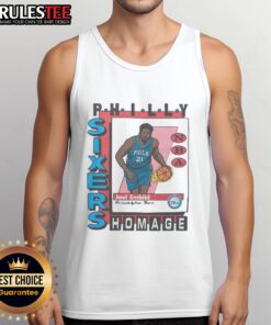 Premium Philadelphia 76ers trading card featuring Joel Embiid on a stylish tank top design for sports fans.