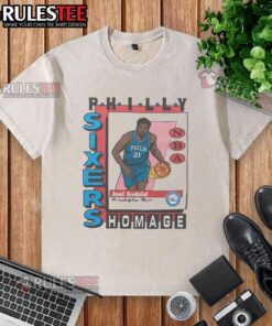 Premium Philadelphia 76ers trading card featuring Joel Embiid on a washed t-shirt, perfect for sports fans and collectors.