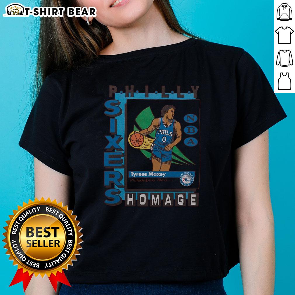 Premium Philadelphia 76Ers Trading Card Tyrese Maxey Ladies Tee Premium Philadelphia 76ers trading card featuring Tyrese Maxey on a stylish ladies tee design for fans.