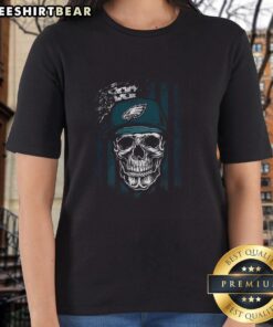 Premium Philadelphia Eagles NFL Skull American Flag Tee for football lovers, perfect for ladies' casual wear.