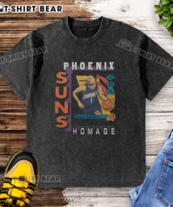 Alt Text: Premium Phoenix Suns trading card featuring Devin Booker on a stylish washed t-shirt design, perfect for fans.