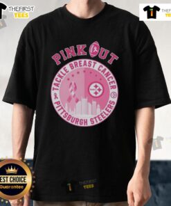 Premium Pink Out Tackle Breast Cancer Pittsburgh Steelers T-Shirt featuring bold team logo and pink design for awareness.