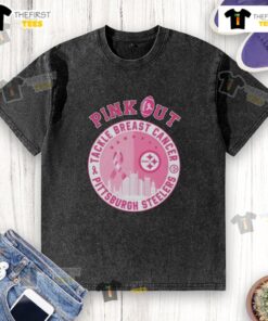 Premium pink Pittsburgh Steelers washed t-shirt supporting breast cancer awareness and advocacy.