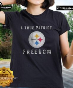Alt Text: Premium Pittsburgh Steelers Football A True Patriot Freedom Ladies Tee in black with team logo and stylish design.
