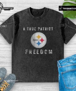 Alt Text: Premium Pittsburgh Steelers Football A True Patriot Freedom Washed T-Shirt in black, featuring team logo and patriotic design.