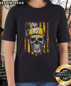 Premium Pittsburgh Steelers NFL Skull American Flag Tee for football lovers, perfect for ladies' casual wear.