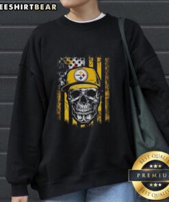 Alt Text: Premium Pittsburgh Steelers NFL skull sweatshirt featuring an American flag design, perfect for football lovers.