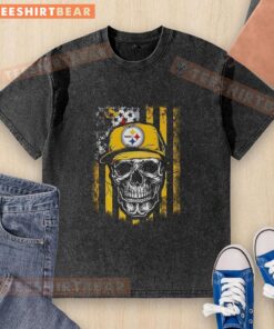 Alt Text: Premium Pittsburgh Steelers NFL Skull American Flag T-Shirt for football lovers, featuring a washed vintage design.