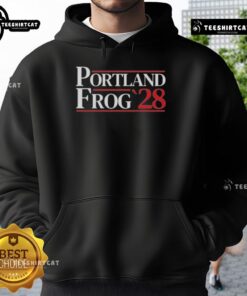 Premium Portland Frog 2028 Hoodie featuring a vibrant frog graphic, perfect for casual wear and eco-conscious fashion.