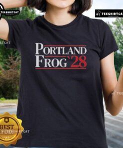 Premium Portland Frog 2028 Ladies Tee featuring a stylish design perfect for casual wear and eco-friendly fashion.