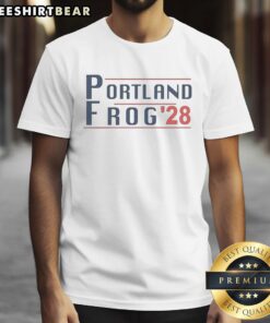 Premium Portland Frog '28 T-Shirt featuring a vibrant frog graphic, perfect for casual wear and Portland fans.