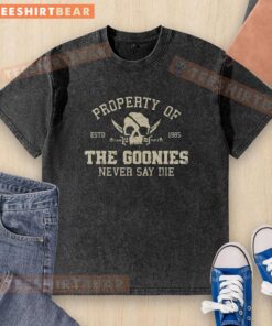Alt Text: Premium Property of The Goonies Never Say Die 1985 washed t-shirt featuring classic movie design and vintage style.