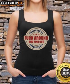 Premium 'Protected By Surveillance' tank top featuring bold text, perfect for making a statement. Shop now!