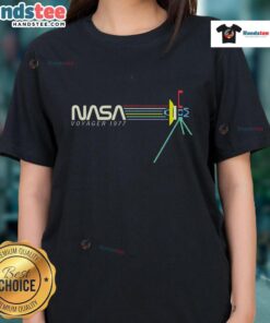 Premium Retro NASA Voyager 1977 spacecraft ladies tee featuring vintage design and space exploration theme.