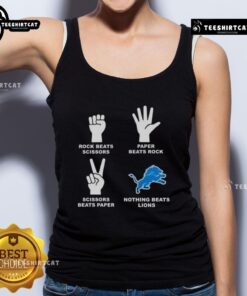 Premium tank top featuring 'Rock Beats Scissors, Paper Beats Rock, Nothing Beats Detroit Lions' design.