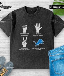 Premium Detroit Lions washed t-shirt featuring rock-paper-scissors design, perfect for fans of the team and fun graphics.