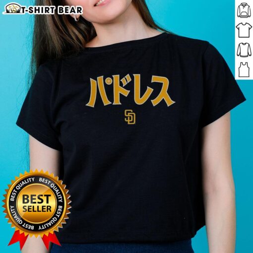 Alt Text: Premium San Diego Padres MLB Katakana ladies tee featuring stylish design and comfortable fit for baseball fans.