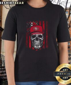Premium San Francisco 49ers NFL skull tee with American flag design for football lovers, perfect for ladies.