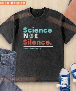 Premium Science Not Silence Fight for Facts washed t-shirt displayed on a hanger, showcasing its soft fabric and vibrant print.