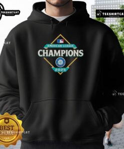 Premium Seattle Mariners 2025 American League Champions diamond logo hoodie featuring vibrant team colors.