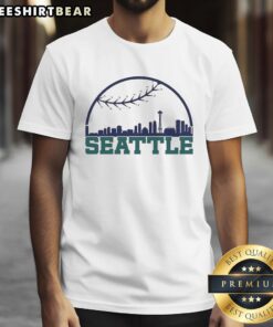 Premium Seattle Mariners Baseball Skyline T-Shirt featuring vibrant city skyline graphics and team logo for fans.