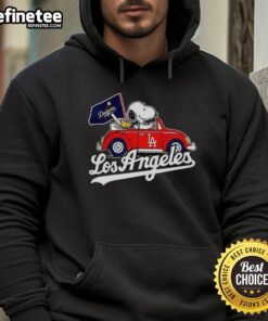 Premium Snoopy and Woodstock hoodie featuring Volkswagen Beetle design for Los Angeles Dodgers baseball fans.