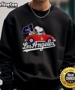 Alt Text: Premium Snoopy and Woodstock on a Volkswagen Beetle sweatshirt for Los Angeles Dodgers baseball fans.