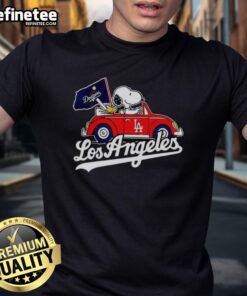 Premium Snoopy and Woodstock on Volkswagen Beetle T-Shirt for Los Angeles Dodgers baseball fans, perfect for casual wear.