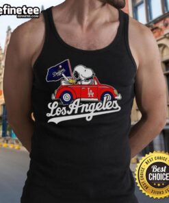 Premium Snoopy and Woodstock on Volkswagen Beetle tank top for Los Angeles Dodgers baseball fans, vibrant design.