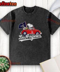 Alt Text: Premium Snoopy and Woodstock on Volkswagen Beetle t-shirt for Los Angeles Dodgers baseball fans, stylish and comfortable.