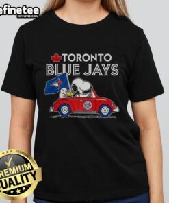 Premium Snoopy and Woodstock on Volkswagen Beetle tee for Toronto Blue Jays baseball fans, perfect ladies' shirt.