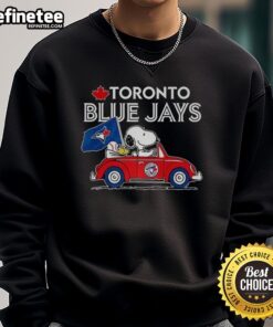 Premium Snoopy and Woodstock on Volkswagen Beetle sweatshirt for Toronto Blue Jays baseball fans.