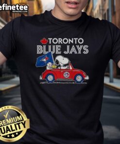 Alt Text: Premium Snoopy and Woodstock on Volkswagen Beetle t-shirt for Toronto Blue Jays baseball fans, showcasing playful design.
