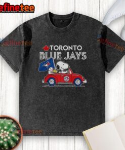 Alt Text: Premium Snoopy and Woodstock on Volkswagen Beetle t-shirt for Toronto Blue Jays baseball fans, stylish and fun.