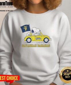 Premium Snoopy and Woodstock sweatshirt for baseball lovers, featuring Peanuts and Savannah Bananas graphics.