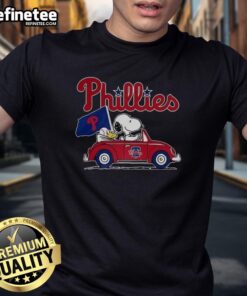 Premium Snoopy and Woodstock X Philadelphia Phillies baseball fans t-shirt featuring vibrant graphics and team colors.