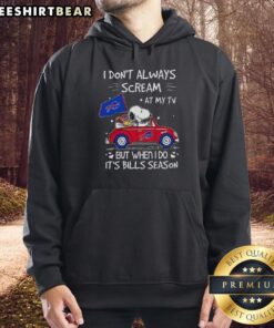 Alt Text: Premium Snoopy driving car hoodie with I don't always scream at my TV, but when I do, it's Bills season design.