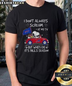 Alt Text: Premium Snoopy driving a car on a Bills season t-shirt, featuring the quote about TV and sports enthusiasm.