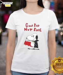 Alt Text: Premium Snoopy Vampire Good Bad Not Evil Ladies Tee featuring a playful Snoopy design for Halloween style.
