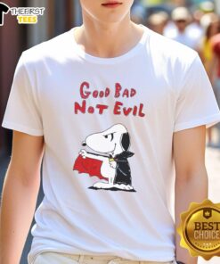 Alt Text: Premium Snoopy Vampire T-Shirt featuring Good Bad Not Evil design, perfect for Halloween and Peanuts fans.